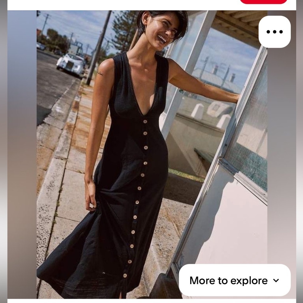 Free People Beach Black Seaport Midi Dress Size XS V Neck Crochet Hem Bohemian